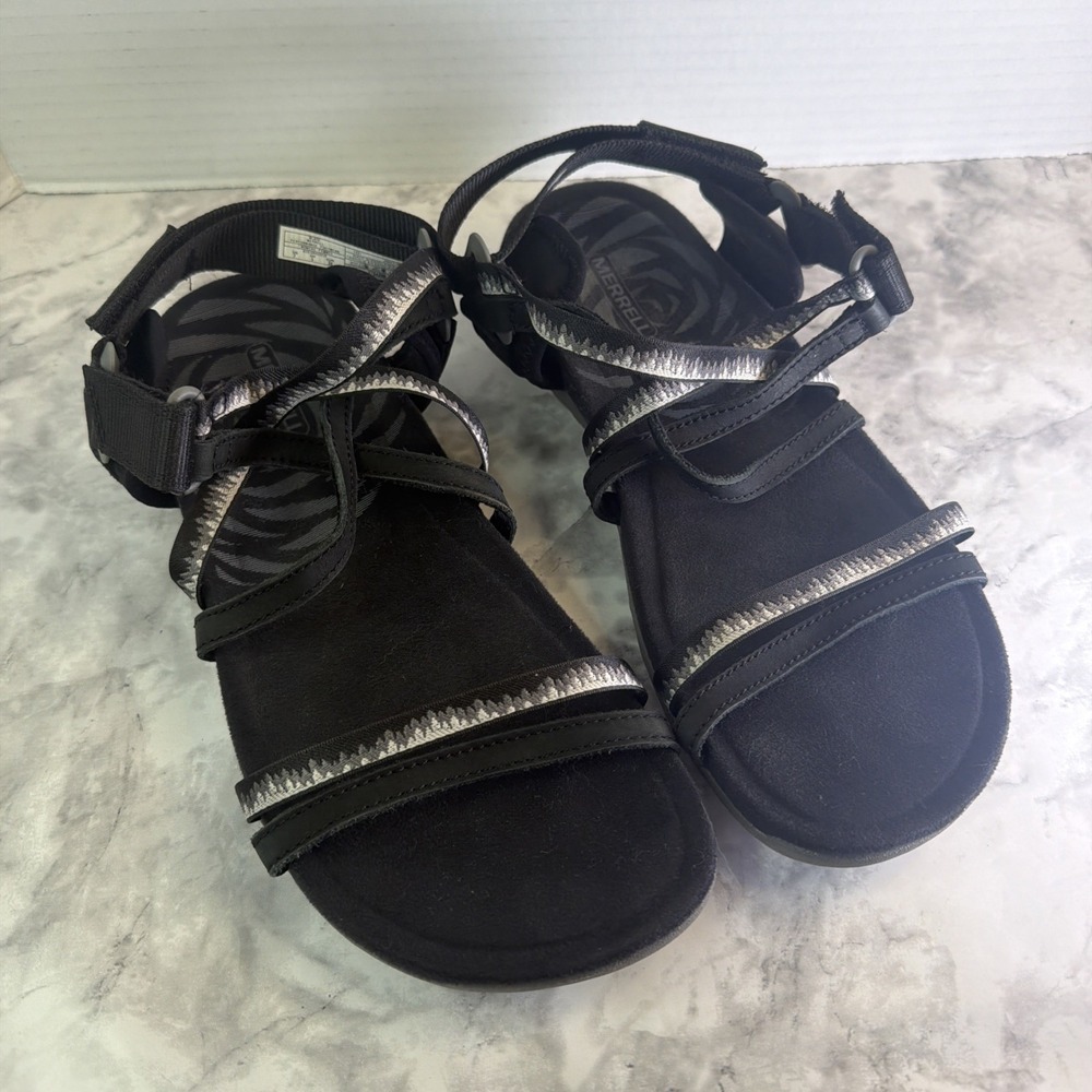 Merrell Womens Size 7 Wide Width Terran 3 Cush Lattice Black Leather Sandals